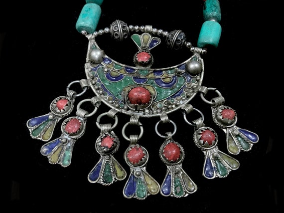 Antique Moroccan Berber Necklace Silver Enamel Pe… - image 6