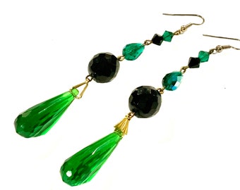 Vintage Handmade Black & Green Chandelier Earrings 11cm