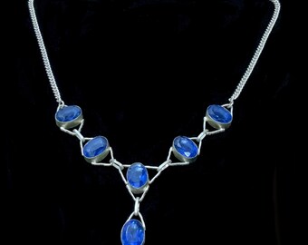 925 Sterling Silver & Blue Rhinestone Handmade Necklace 50cm Vintage