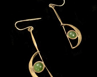 Antique 6cm Gold & Chrysoprase Drop Earrings Signed BRAUN Hallmark