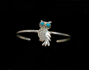 Vintage 925 Sterling Silver & Turquoise Owl Cuff Bracelet Native American Petite Size 14.5cm 5 3/4 inch