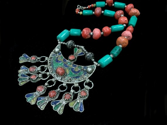 Antique Moroccan Berber Necklace Silver Enamel Pe… - image 2