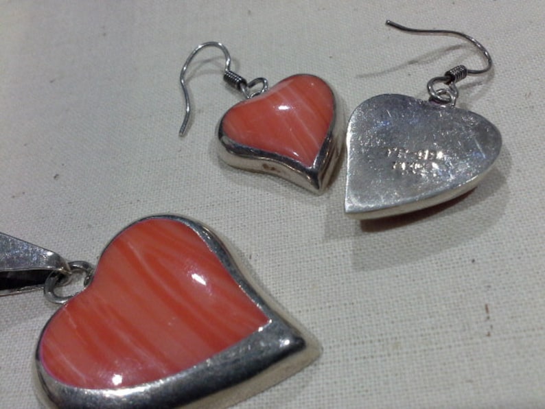 Fidencio Serrano 925 Silver /& Pink Malachite Heart Earrings and Pendant Set Vintage Taxco Mexico