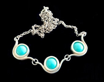 Modernist 925 Sterling Silver & Turquoise Cabochon Necklace 45cm