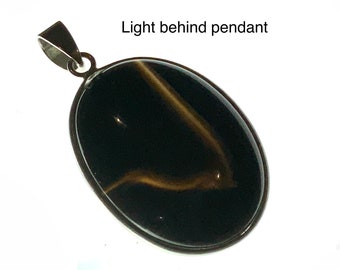 Black Banded Obsidian Oval Pendant Sterling Silver Vintage