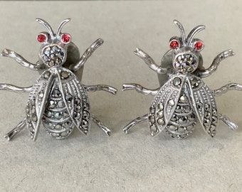 STUNNING Art Deco Sterling Silver Marcasite Clip On Earrings Germany Bug Insect Bumble Bee attributed to Theodor Fahrner