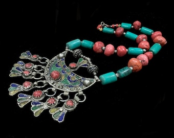Antique Moroccan Berber Necklace Silver Enamel Pendant Tribal Turquoise & Coral