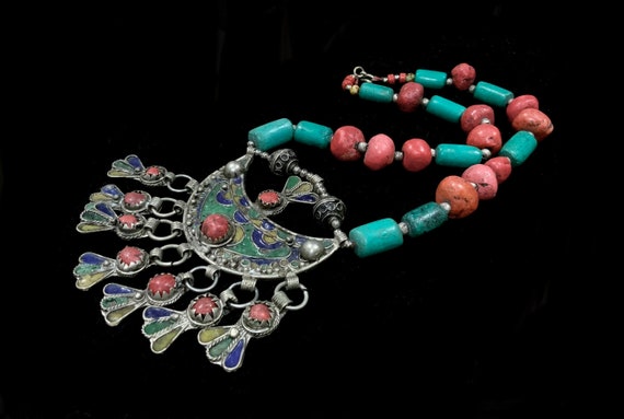 Antique Moroccan Berber Necklace Silver Enamel Pe… - image 1