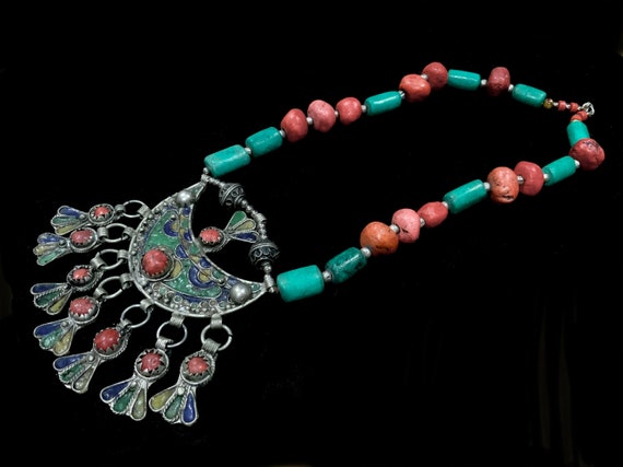 Antique Moroccan Berber Necklace Silver Enamel Pe… - image 7