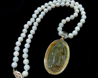 Antique Intaglio Cameo Pendant 19K Pearl Necklace 14k 40cm