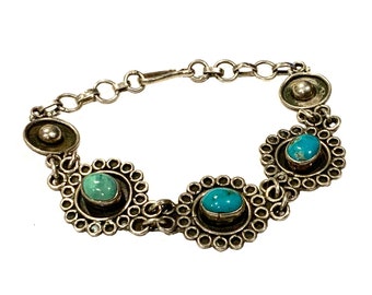 Vintage Native American Sterling Silver & Turquoise Bracelet 17-19cm length