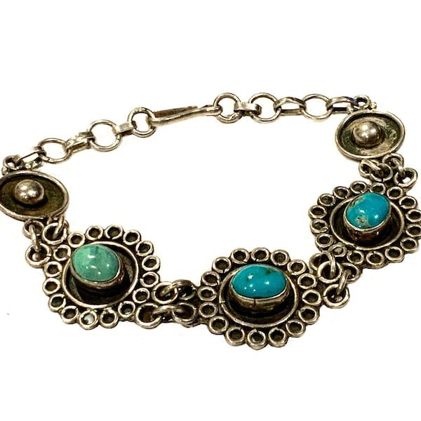 Vintage Native American Sterling Silver & Turquoise Bracelet 17-19cm length