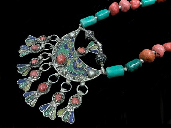 Antique Moroccan Berber Necklace Silver Enamel Pe… - image 5