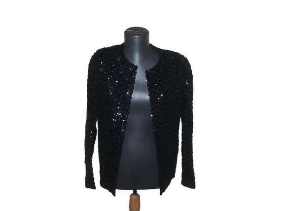 Black Glitter Blazer, Sequins Jacket, Vintage Eve… - image 3