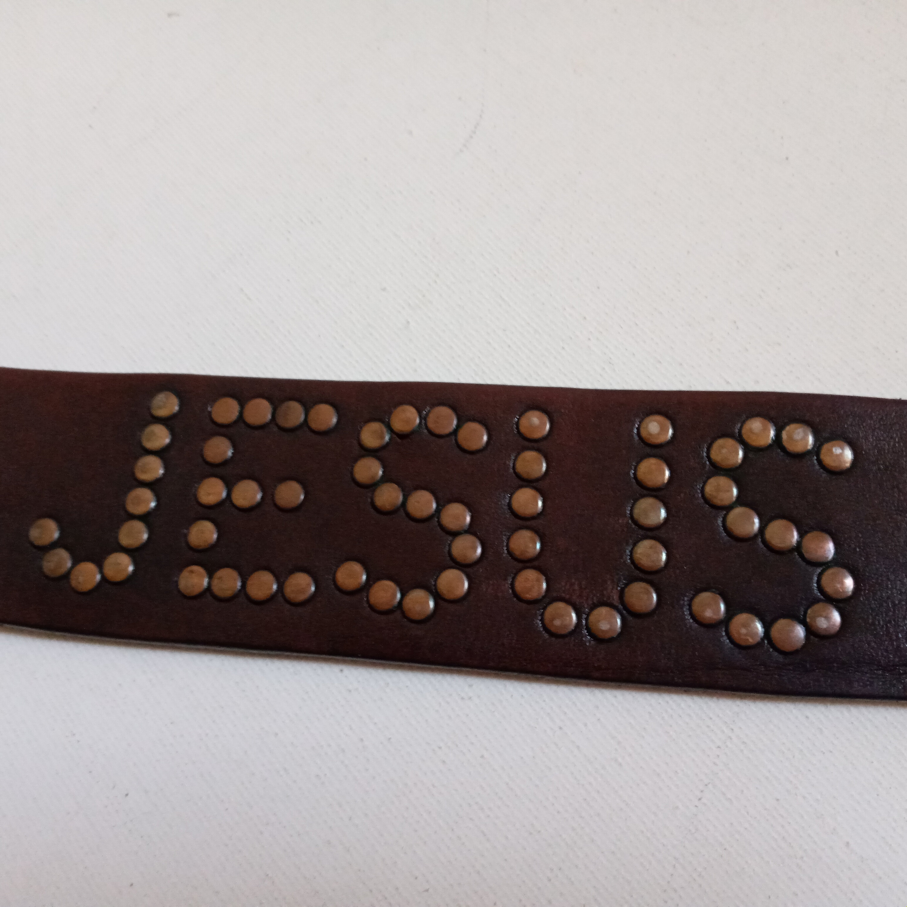 Brown Leather Rocker Belt Metal Rivets Punk Belt Jesus Loves 