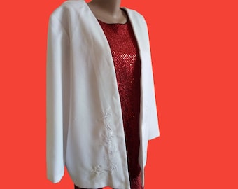 Blazer blanco elegante bordado, chaqueta formal estilo swinger, blazer de boda, blazer de diseñador Dani Michaels, hecho en EE. UU.