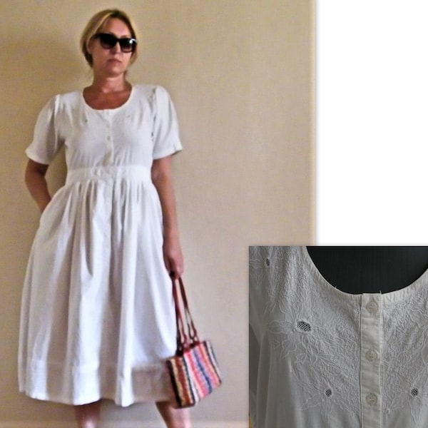 Vintage 80's white midi embroidered dress Peasant plus size dress Folds summer dress  Rustic dress Romantic wedding dress