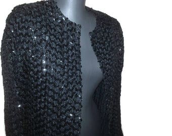 Veste Blazer Vintage Pailletée Noir Et Or Doublée Soie - Taille M, Sur Mesure, Occasion Très Bon état