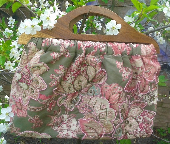 Woven Embroidered tote bag BOHO pink floral  hand… - image 1