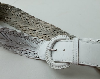 White Braided Leather Belt, Wide Wicker Weave, Size M