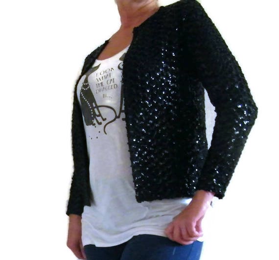 Black Glitter Blazer, Sequins Jacket, Vintage Eve… - image 1