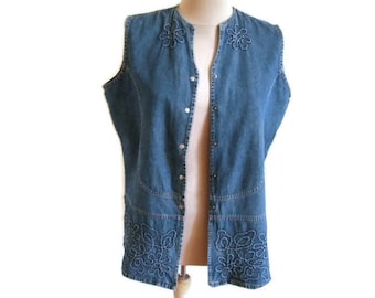 Chaleco vaquero bordado, chaqueta vaquera azul, chaleco vintage boho, blusa con bordado floral, top sin mangas, chaleco hippie, blusa de verano para mujer, chaqueta