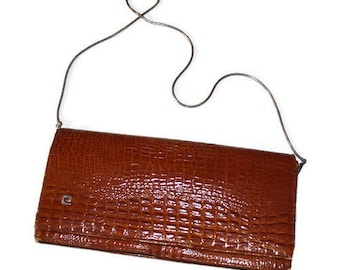 Vintage Crocodile stamp leather clutch Brown leather handbag Piere Cardin Mock Croc MESSENGER Bag Evening Shoulder Bag Purse Designer bag