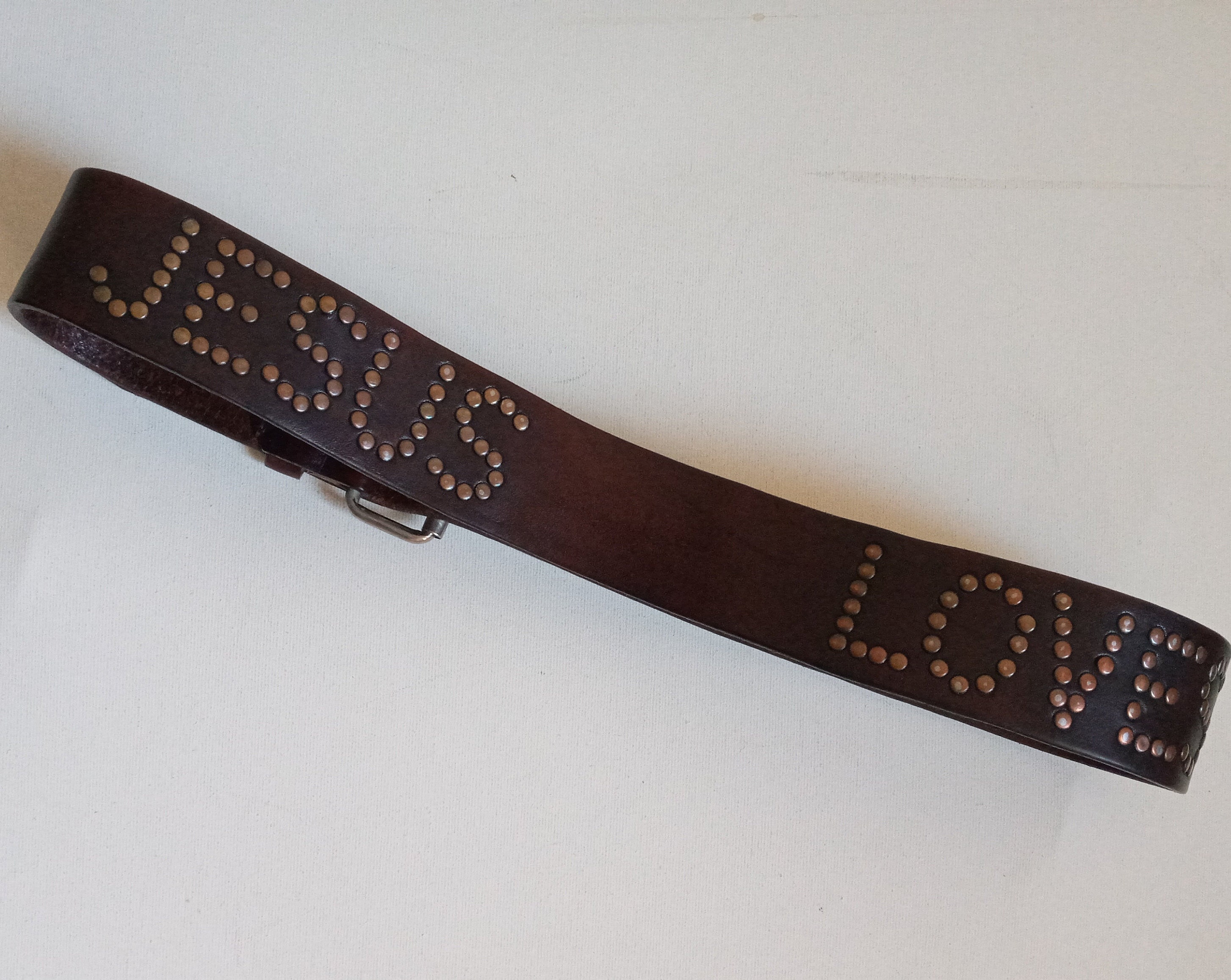 4564 Women\'s 1.5 Inch Jesus Loves You Studded Leather Belt, Roller Brown Leather Rocker Belt Metal Rivets Punk Belt Jesus Loves  main image 3