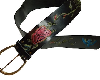 Cinturón ancho vintage de piel sintética negra, cinturón bordado floral, cinturón steampunk para mujer, cinturón boho, cinturón western, cinturón boho