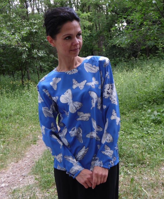 Vintage Blue White silk blouse JAEGER designer top blouse Butterfly print top 80/'s classik blouse Party look top Office Formal blouse