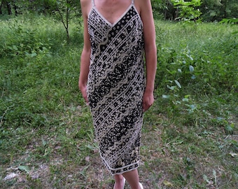 Vintage Black Silk Beaded Dress, Size 12