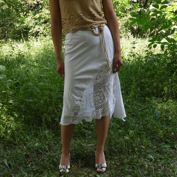 White  linen lace skirt Summer Beach Party skirt asymmetric midi skirt sexy skirt hippie skirt bohemian skirt boho skirt vintage white skirt