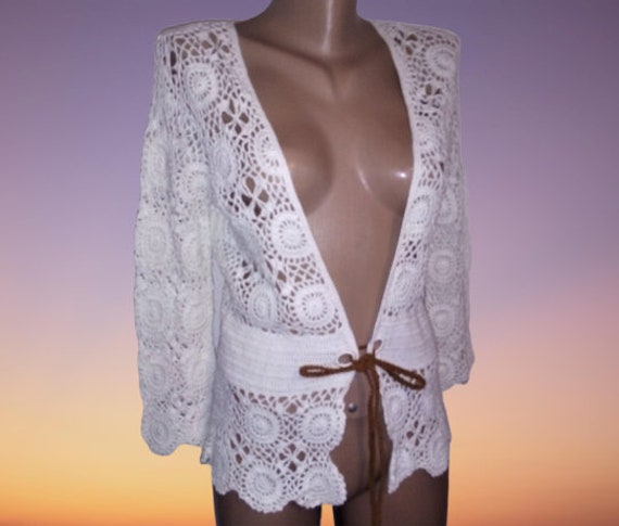 White crochet cardigan Openwork knit Boho top Roma