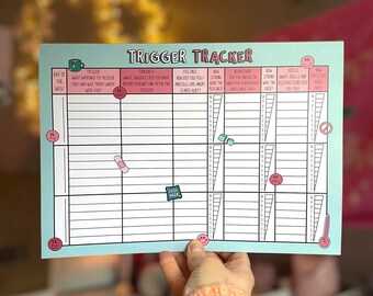 May include: A printable trigger tracker worksheet with a blue background and pink and black accents. The worksheet includes sections for tracking the day of the week, what triggered the user, their thoughts and feelings, their coping skills, and how effectively they used those skills. The worksheet also includes a section for noting any unhelpful behaviors and what the user did to manage them.