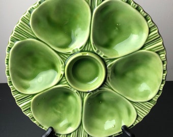 S FRANCE FAIENCE MAJOLICA 6 WELLS EX COND GREEN VINTAGE OYSTER PLATE