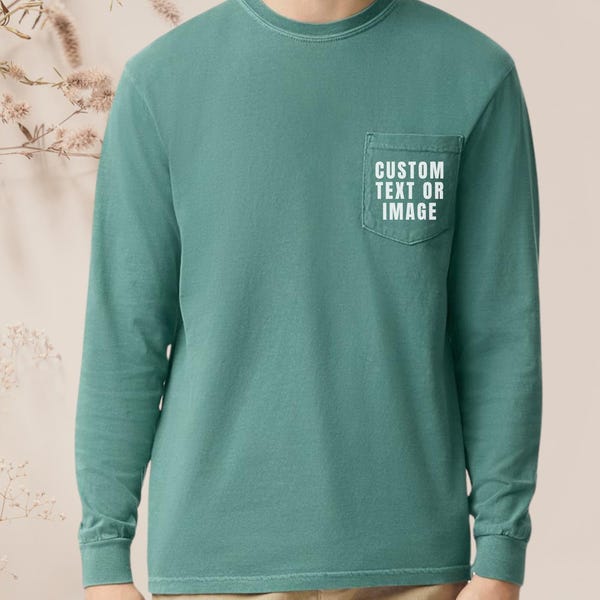 Custom Long Sleeve Shirt for Women and Men, Comfort Colors Pocket Tshirt with Text or Logo, Premium, Vintage, Retro
