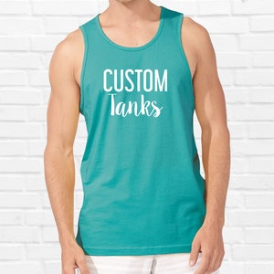 May include: A turquoise tank top with the text "CUSTOM Tanks" in white lettering.