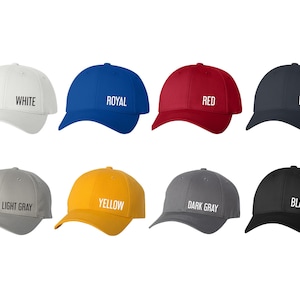 Op de afbeelding: Acht baseballpetten in verschillende kleuren, elk met een andere kleurnaam geborduurd op de voorkant in wit. De kleuren zijn wit, koninklijkblauw, rood, marineblauw, lichtgrijs, geel, donkergrijs en zwart.