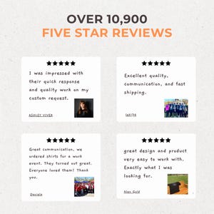May include: Four customer reviews with five star ratings and text describing their positive experiences with a company. The reviews include comments about quick response times, quality work, custom requests, excellent quality, fast shipping, great communication, easy to work with, and great design.