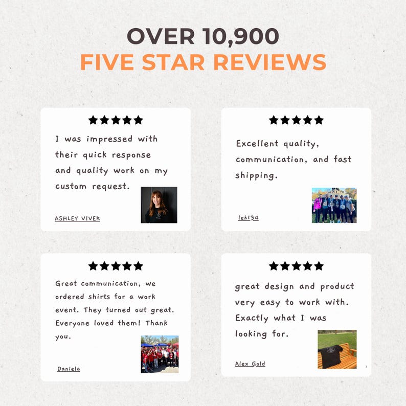 May include: Four customer reviews with five star ratings and text describing their positive experiences with a company. The reviews include comments about quick response times, quality work, custom requests, excellent quality, fast shipping, great communication, easy to work with, and great design.