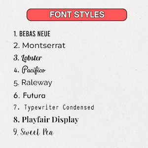 May include: A list of nine different font styles, including Bebas Neue, Montserrat, Lobster, Pacifico, Raleway, Futura, Typewriter Condensed, Playfair Display, and Sweet Pea.