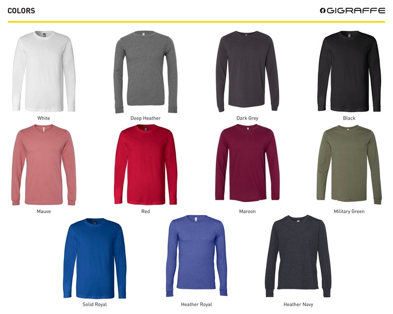 K&ouml;nnte beinhalten: Eine Auswahl an Langarm-T-Shirts in verschiedenen Farben, darunter Wei&szlig;, Dunkelgrau meliert, Dunkelgrau, Schwarz, Mauve, Rot, Weinrot, Milit&auml;rgr&uuml;n, Royalblau uni, Royalblau meliert und Marineblau meliert.