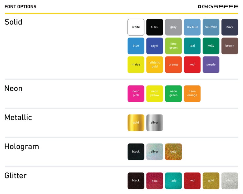 K&ouml;nnte beinhalten: Ein Diagramm, das verschiedene Schriftarten f&uuml;r Produkttexte zeigt. Die Optionen umfassen solide, Neon, Metallic, Hologramm und Glitzer. Jede Option bietet eine Auswahl an Farben.