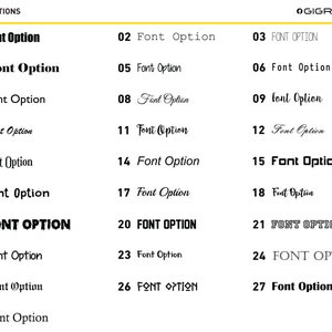 May include: A chart with 28 different font options, numbered 1 through 28. Each font is displayed with the text "Font Option". The chart is titled "FONT OPTIONS" at the top and "GIGRAFFE" at the top right.