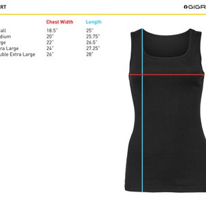 May include: Size chart for a tank top with measurements in inches for chest width and length. Sizes include small, medium, large, extra large, and double extra large.