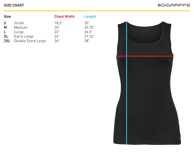 May include: Size chart for a tank top with measurements in inches for chest width and length. Sizes include small, medium, large, extra large, and double extra large.