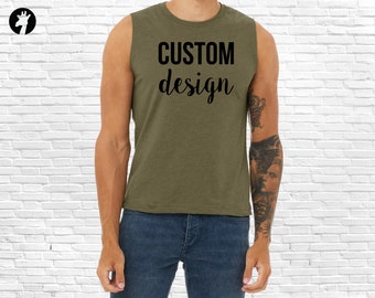 May include: A sleeveless olive green tank top with the text "CUSTOM design" printed in black.