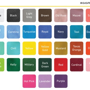 May include: A color chart with 36 different fabric swatches, each labeled with a color name. The colors include white, black, light grey, brown, old rose, mauve, salmon, light blue, carolina, turquoise, royal, navy, teal, dark teal, mint, chill, yellow, yellow gold, mustard, texas orange, orange, lime green, kelly, military, dark green, red, cardinal, light pink, hot pink, lavender, and purple.