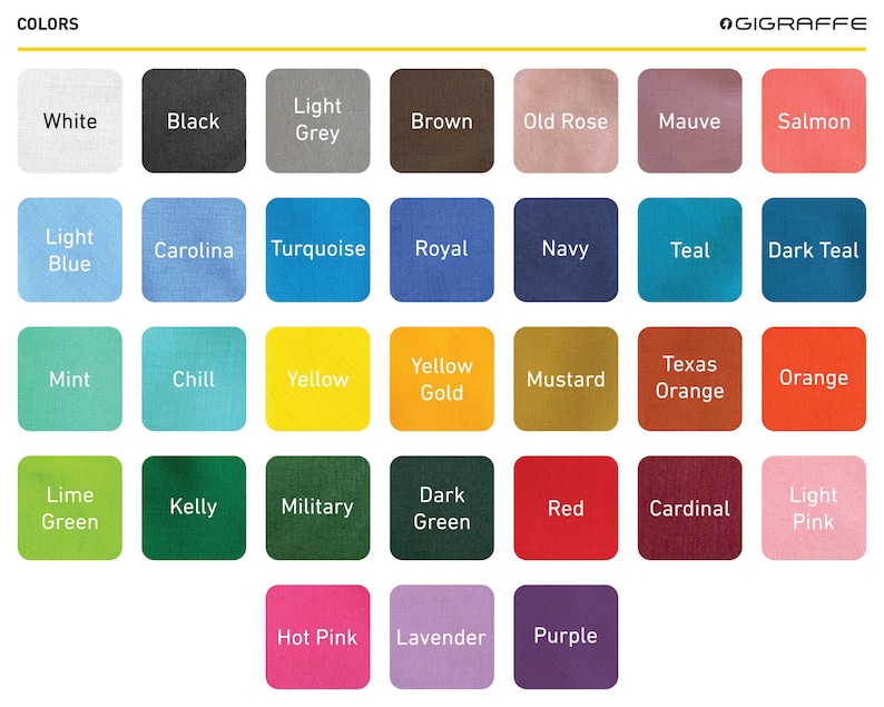 May include: A color chart with 36 different fabric swatches, each labeled with a color name. The colors include white, black, light grey, brown, old rose, mauve, salmon, light blue, carolina, turquoise, royal, navy, teal, dark teal, mint, chill, yellow, yellow gold, mustard, texas orange, orange, lime green, kelly, military, dark green, red, cardinal, light pink, hot pink, lavender, and purple.