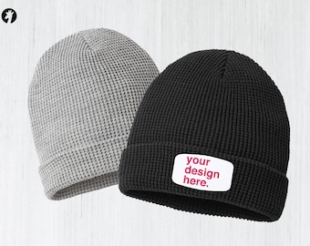 Custom Beanies | Waffle Cuffed Beanie Personalized with Sublimation Patches | Text, graphic or logos